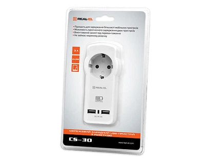 Мережевий зарядний пристрій REAL-EL CS-30 з розеткою 2USB 3.1A Білий (р.немає даних)