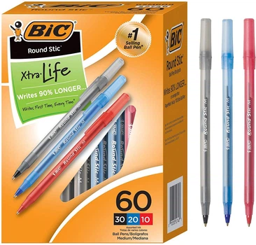 Набір кулькових ручок 60 шт BIC Round Stic Xtra Life Кольорові (GSM609AST) (B07L54B5N3)