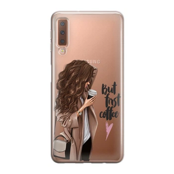 Тонкий cиликоновый чехол Unique Covers на Samsung Galaxy A7 2018 But first coffee брюнетка(1964 Galaxy A750)