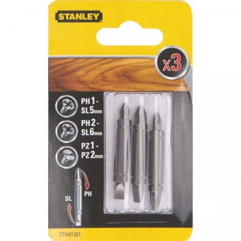 Биты в наборе двусторонние 3 ед. (Ph1-Sl 5, Ph2-Sl 6, Pz 1-2, L- 48мм) STA61381 Stanley
