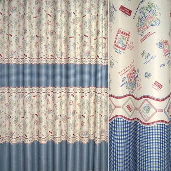 Софт блэкаут Frutie & Flower купон клетка синяя на песочном фоне, ш.280 (32113.004)