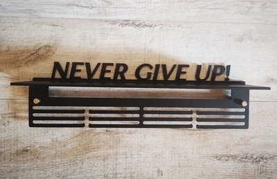 Медальниця "E-Trophy" з поличкою для кубків Never give up Сталева(чорний)