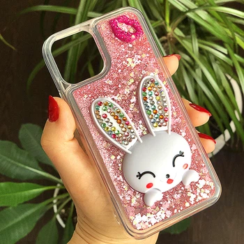 Чехол Glitter для Iphone 11 Pro Max бампер жидкий блеск Заяц Розовый
