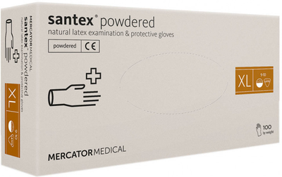 Рукавички латексні опудренниє SANTEX POWDERED MERCATOR MEDICAL 100шт XL Білий