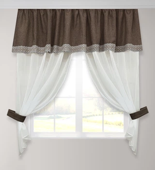 Тюль для кухни Adagio Windows Decor Беатрис с ламбрекеном (короткий тюль для невысоких окон) в коричневом цвете и кружевной отделкой 270х170см