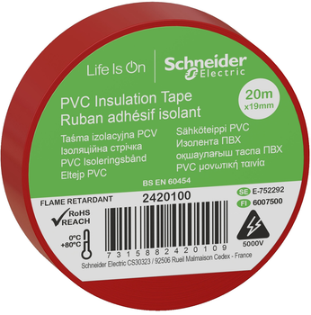 Изолента Schneider Electric ПВХ 19 мм х 20 м Красная (2420100)