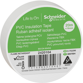 Изолента Schneider Electric ПВХ 19 мм х 20 м Белая (2420104)