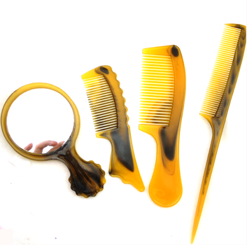 Набор Comb Kit из трех однорядных расчесок и зеркальца янтарный темный