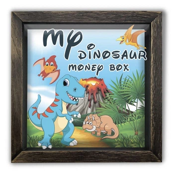 Дерев'яна копілка (скарбничка) 20 20 см "My dinosaur money box" коричнева вінтажна