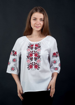 Вышиванка Vyshyvanka "Розы и калина" 46 Белая 0078р.3/4