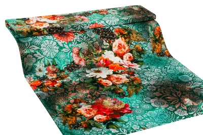 Ткань Велюр трикотаж цветы бирюзовый пог. м. (6730)
