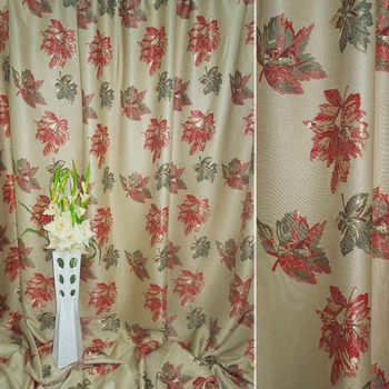 Лен жаккард для штор листья зелено-красные на оливковом светлом фоне, ш.280 (31918.002)