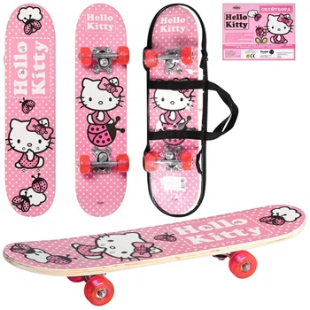 Деревянный скейт "Hello Kitty" с сумкой. Длина 60 см, алюмин подвес, силикон кол, наждач поверх HK 0052
