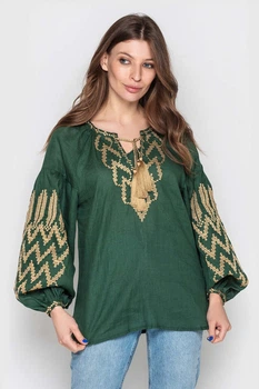 Вышиванка Narodnyy Butik Женская вышиванка рукав бохо зеленный лен бежевая вышивка 48 Зеленая 1021.1