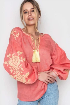 Вышиванка Narodnyy Butik Женская вышиванка рукав бохо кораловый лен желтая вышивка 42 Коралловая 1046.1/42