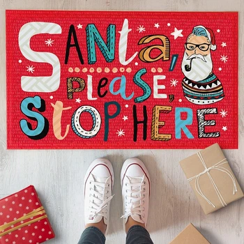 Новогодний коврик придверный с принтом "Santa please stop here" на резиновой основе 45 х 75 х 0,4 см (KOV_20S04NY)