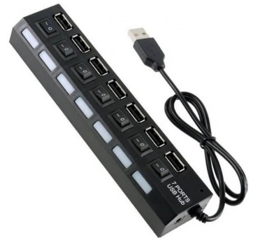 Хаб USB 2.0 7 портів з перемикачами на кожен порт, Black, 480Mbts High Speed, живлення від USB, Blister Q100 Voltronic YT-H7SHS-B