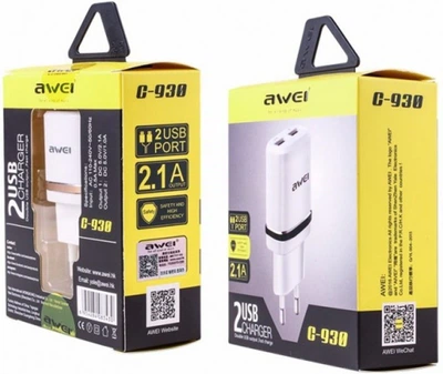 Сетевое зарядное устройство AWEI C-930 Travel charger 2USB 2.1A White/Silver