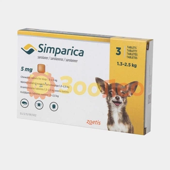 Упаковка Simparica від бліх та кліщів для собак масою 1,3-2,5 кг (3 табл.)