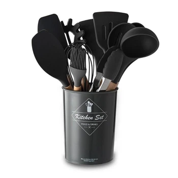 Силіконовий кухонний набір приладдя Kitchen Set 12 предметів (дерево+силікон) чорний