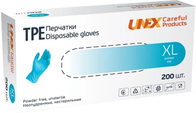 Рукавички одноразові нестерильні, неопудрені TPE Unex Medical Products розмір XL 200 шт. — 100 пар Блакитні (77-48-1)