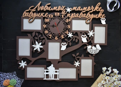 Сімейна фоторамка з дерева "любій матусі бабусі та прабабусі" з годинником на 8 фото (Мульт0124)