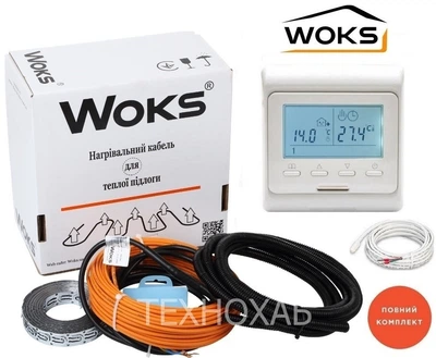 Теплый кабельный пол Woks 0,6м²-0,8м²/100Вт (6м) тонкий нагревательный кабель под плитку 18Вт/м с программируемым терморегулятором E 51