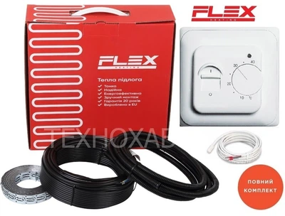 Теплый пол Flex 10,0м²-12,0м²/1750Вт (100м) кабель тонкий нагревательный двужильный под плитку EHC-17,5Вт/м с механическим терморегулятором RTC 70