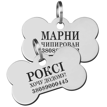 Адресник для Собак BronzeDog с Гравировкой из Нержавеющей Стали Косточка Cеребристый 27*17 мм (90011)