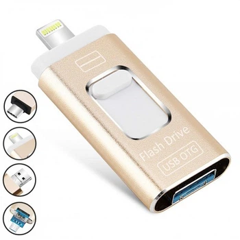 Флешка 3в1 Flash Drive 64GB для iPhone, Android Gold