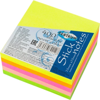 Бумага с клейкой полоской Сentrum 400 листов 76х76 мм 5 блоков по 80 листов неоновые цвета (82212) (4030969822128)