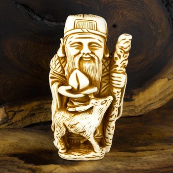 Статуэтка Нэцкэ Netsuke Дзаошень с оленёнком Гипс 7.9x4.4x3.9 см Бежевый (00660)