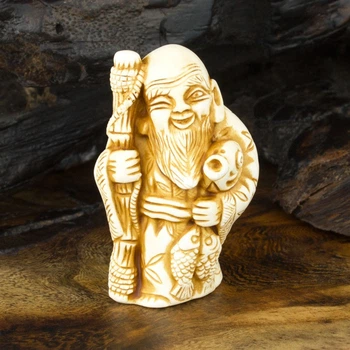 Статуэтка Нэцкэ Эбису с удочкой Netsuke Гипс 4.2x3.1x2.6 см Бежевый (00650)