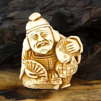 Статуэтка Нэцкэ Эбису с веером Netsuke Гипс 5.2x4.6x3.2 см Бежевый (00651)