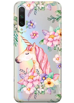 Прозрачный силиконовый чехол iSwag для Xiaomi Mi A3 Единорог в цветах (M1856)