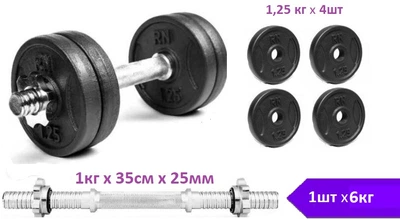 Гантель разборная 6 кг чугунная RN-Sport (RN_QTR06) металлический хромированный гриф 35см х 25мм