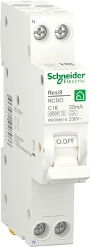 Компактний диференційний автоматичний вимикач Schneider Electric RESI9 16 А, 30 мА, 1P + N, 6кA, крива С, тип А (R9D88616)