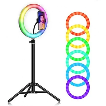 Светодиодная Кольцевая LED лампа с штативом и пультом для селфи RGB Mj38 38см