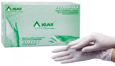 Рукавички IGAR Латексні медичні опудренниє Розмір L 100 шт Білі