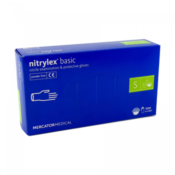 Рукавички Nitrylex basic медичні нітрилові неопудрені, Розмір S 100шт Сині