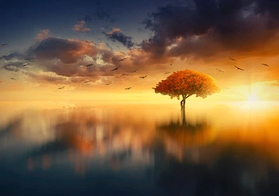 Фотообои флизелиновые DecoArt Дерево на фоне закатного неба 368 x 254 см 4 сегмента (13003 - V8)