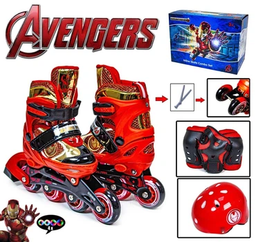 Детские ролики MARVEL IRON MAN + шлем, + защита для ладоней, локтей и колен красный 31-34(размер)