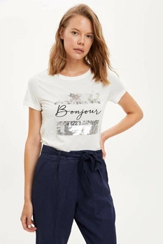 Футболка Defacto Bonjour c паетками 2XL Белая (DeF Woman -3013-5)