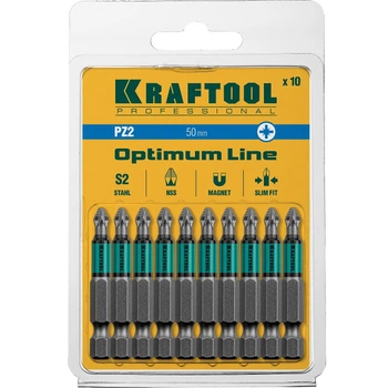 Бита PZ2-50 мм. Kraftool с насечеками NSS стержень SLIM FIT 10 штук
