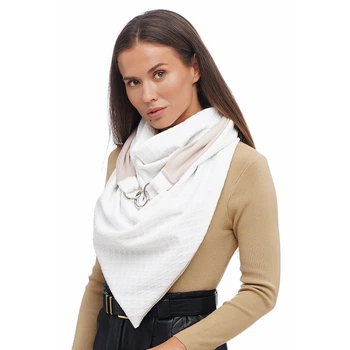 Шарф женский "Эдинбург" большой MyScarf теплый one size белый рельефный на бежевой подкладке с кольцами