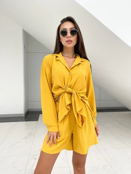 Костюм женский рубашка и шорты K&ML 574 L - XL ( 48 - 50 ) Горчичный ( 574 - 03 )