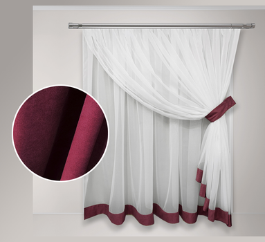 Тюль для кухні Adagio Windows Decor Вероніка з білого шифону та кольоровий отдделки 300 х 160см,бордово-баклажановая