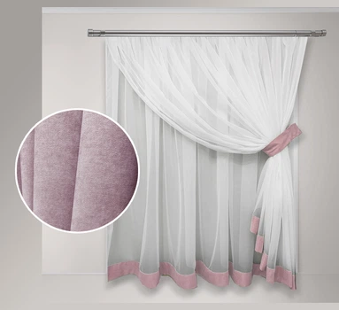 Тюль для кухни Adagio Windows Decor Вероника из белого шифона и цветной отдделки 300 х 160см,пудровая