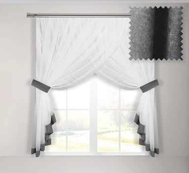 Тюль для кухни Adagio Windows Decor Кларис из белого шифона и цветной отдделки 300 х 160см, серая