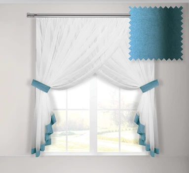 Тюль для кухни Adagio Windows Decor Кларис из белого шифона и цветной отдделки 300 х 160см, бирюзовая